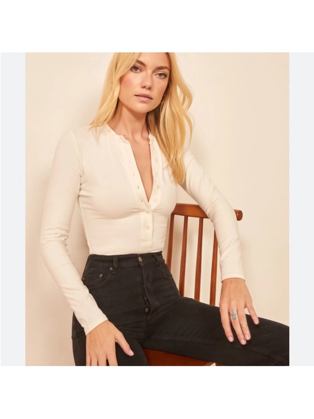 Reformation Cream Long-Sleeve Snap Henley Bodysuit